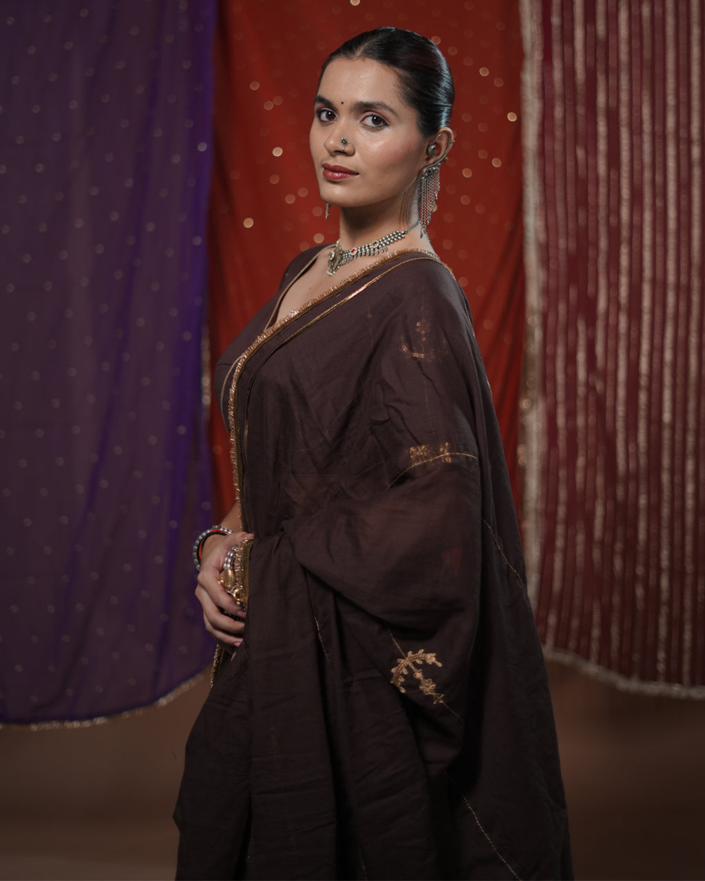Mohini Brown Mul-Cotton Lace Jhumkhas & Tassel Dupatta for Ghaghra Choli