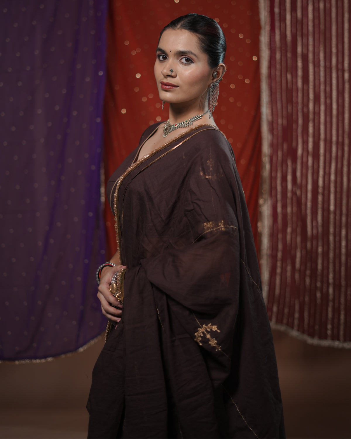 Mohini Brown Mul-Cotton Lace Jhumkhas & Tassel Dupatta for Ghaghra Choli