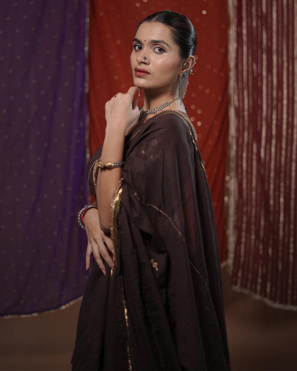 Mohini Brown Mul-Cotton Lace Jhumkhas & Tassel Dupatta for Ghaghra Choli