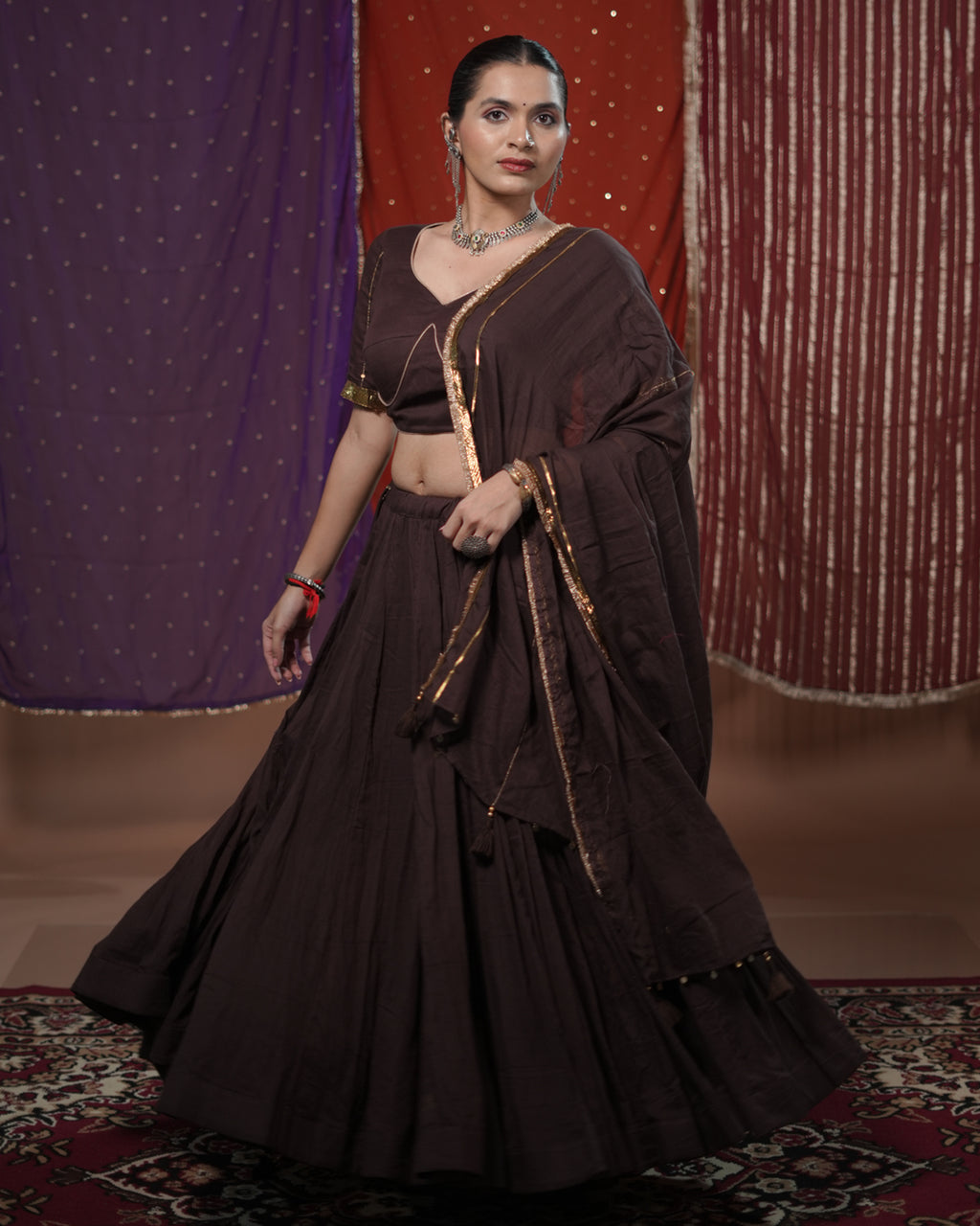 Mohini Brown Mul-Cotton 15 Metre Flared Lace Detail Lehenga for Chaniya Choli