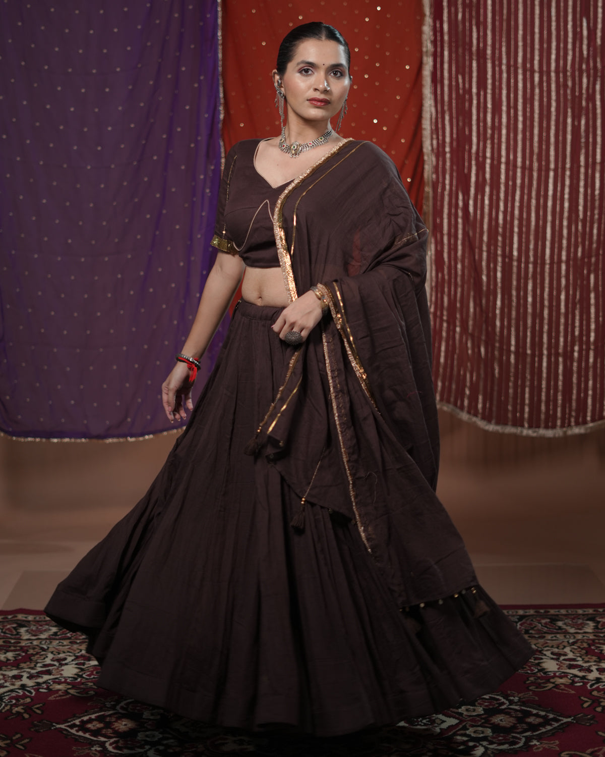 Mohini Brown Mul-Cotton 15 Metre Flared Lace Detail Lehenga for Chaniya Choli