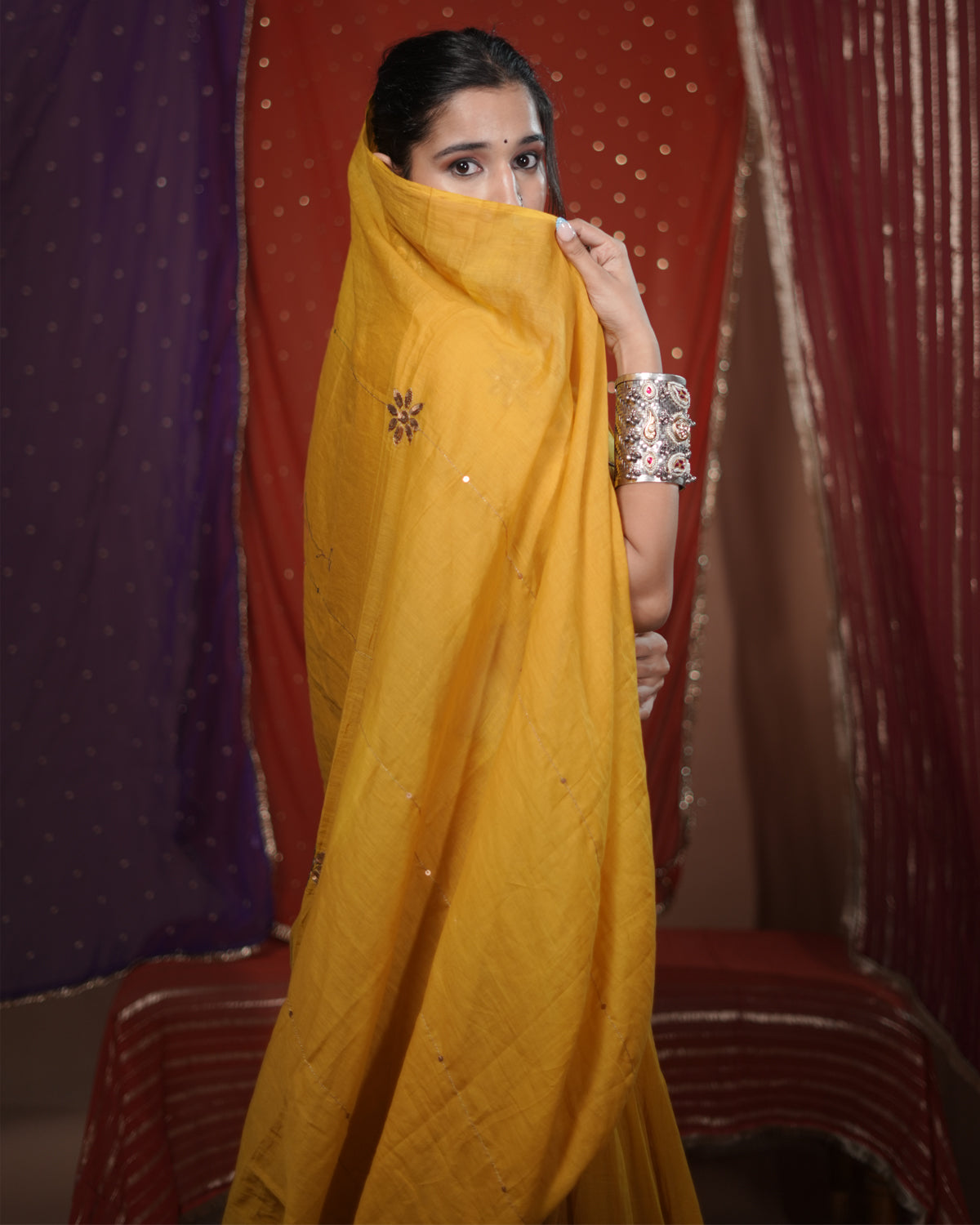 Mohini Yellow Mul-Cotton Lace Jhumkhas & Tassel Dupatta for Choli