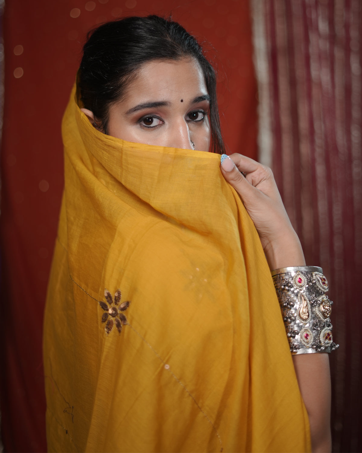 Mohini Yellow Mul-Cotton Lace Jhumkhas & Tassel Dupatta for Choli