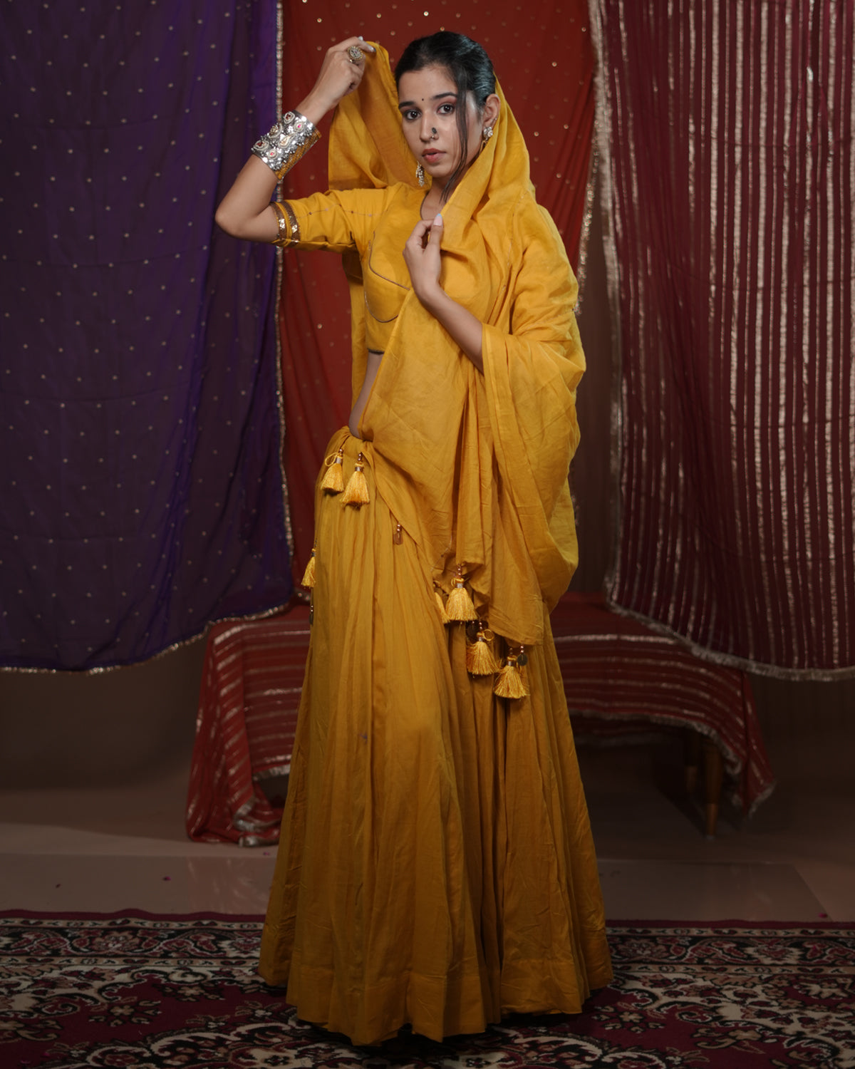 Mohini Yellow Mul-Cotton 15 Metre Flared Lace Detail Lehenga for Ghaghra Choli