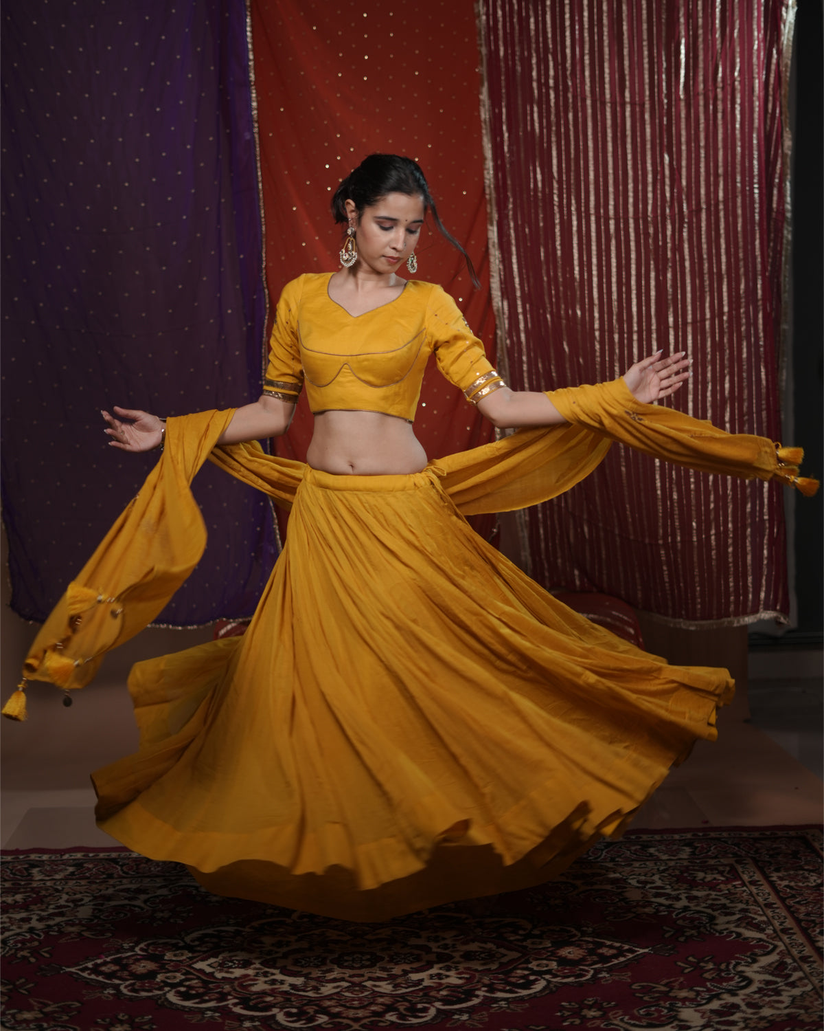 Mohini Yellow Mul-Cotton 15 Metre Flared Lace Detail Lehenga for Ghaghra Choli