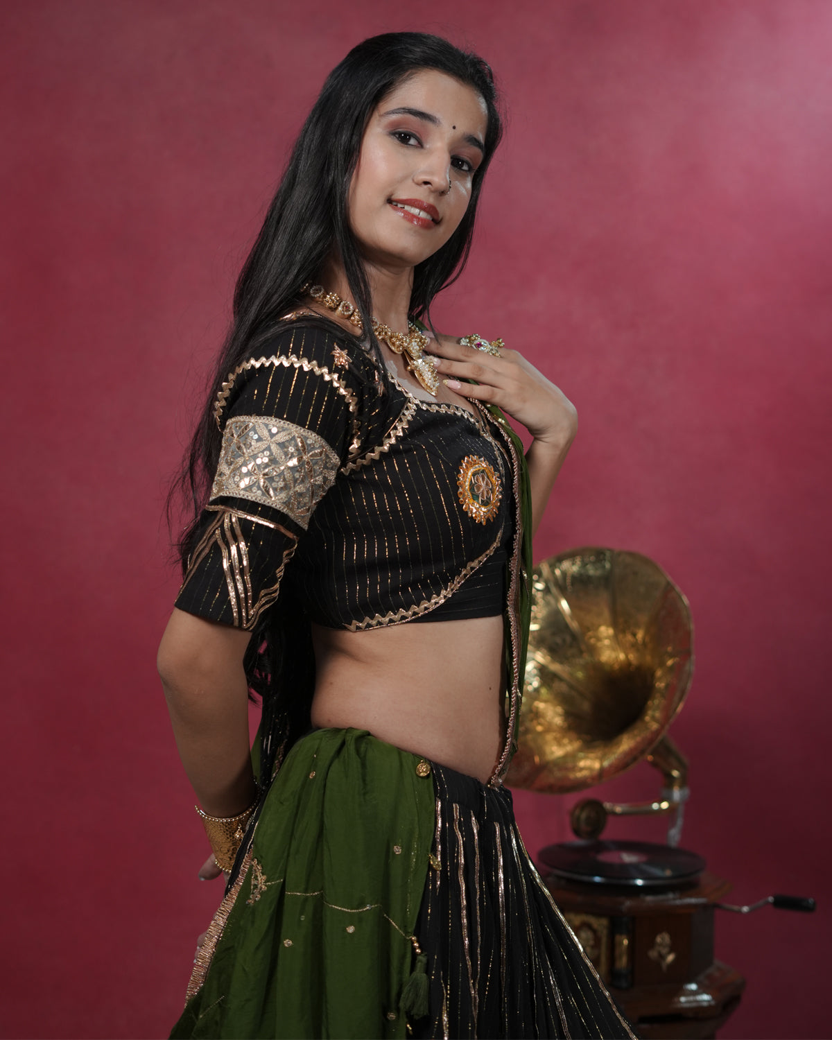 Noor Black Pure Cotton Real Mirror Work Angi Style Blouse for Chaniya Choli