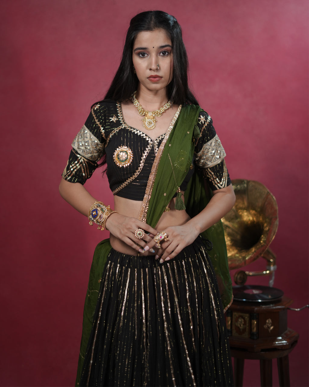 Noor Black Pure Cotton Real Mirror Work Angi Style Blouse for Chaniya Choli