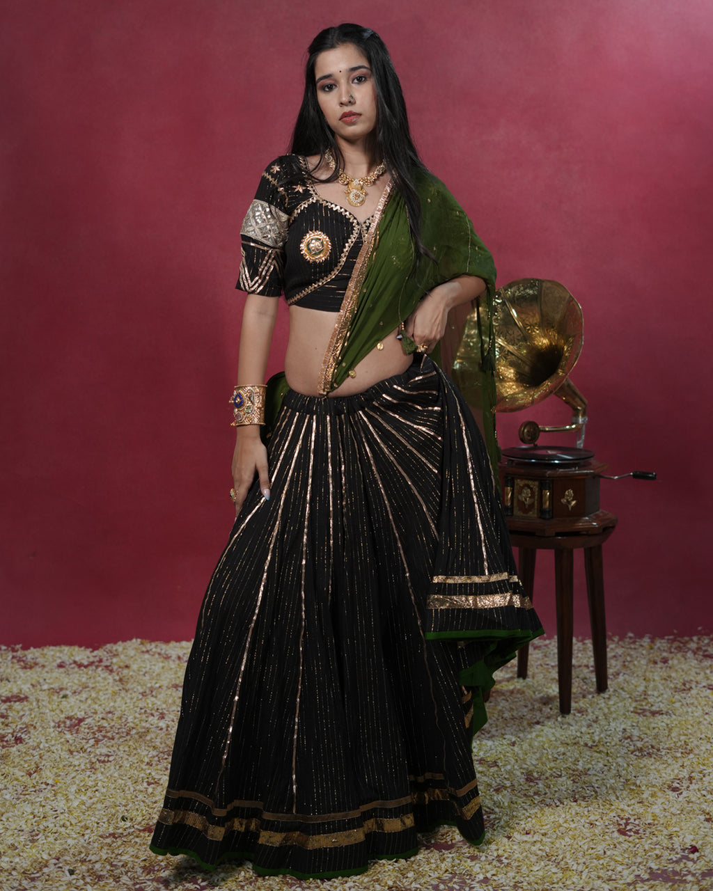 Noor Black Pure Cotton 15 Metre Flared Real Mirror Work Lehenga for Choli