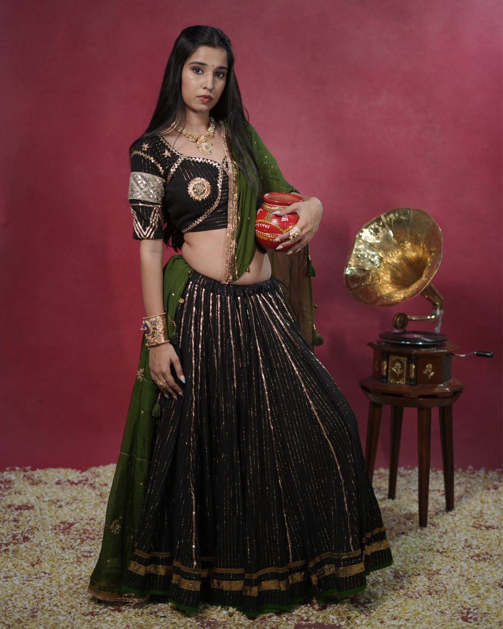 Noor Black Pure Cotton 15 Metre Flared Real Mirror Work Lehenga for Choli