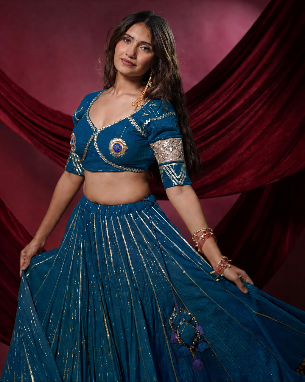 Noor Sky Blue Pure Cotton 15 Metre Flared Mirror Work Lehenga for Chaniya Choli