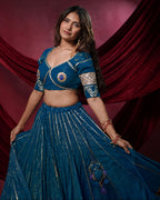 Noor Sky Blue Pure Cotton 15 Metre Flared Mirror Work Lehenga for Chaniya Choli