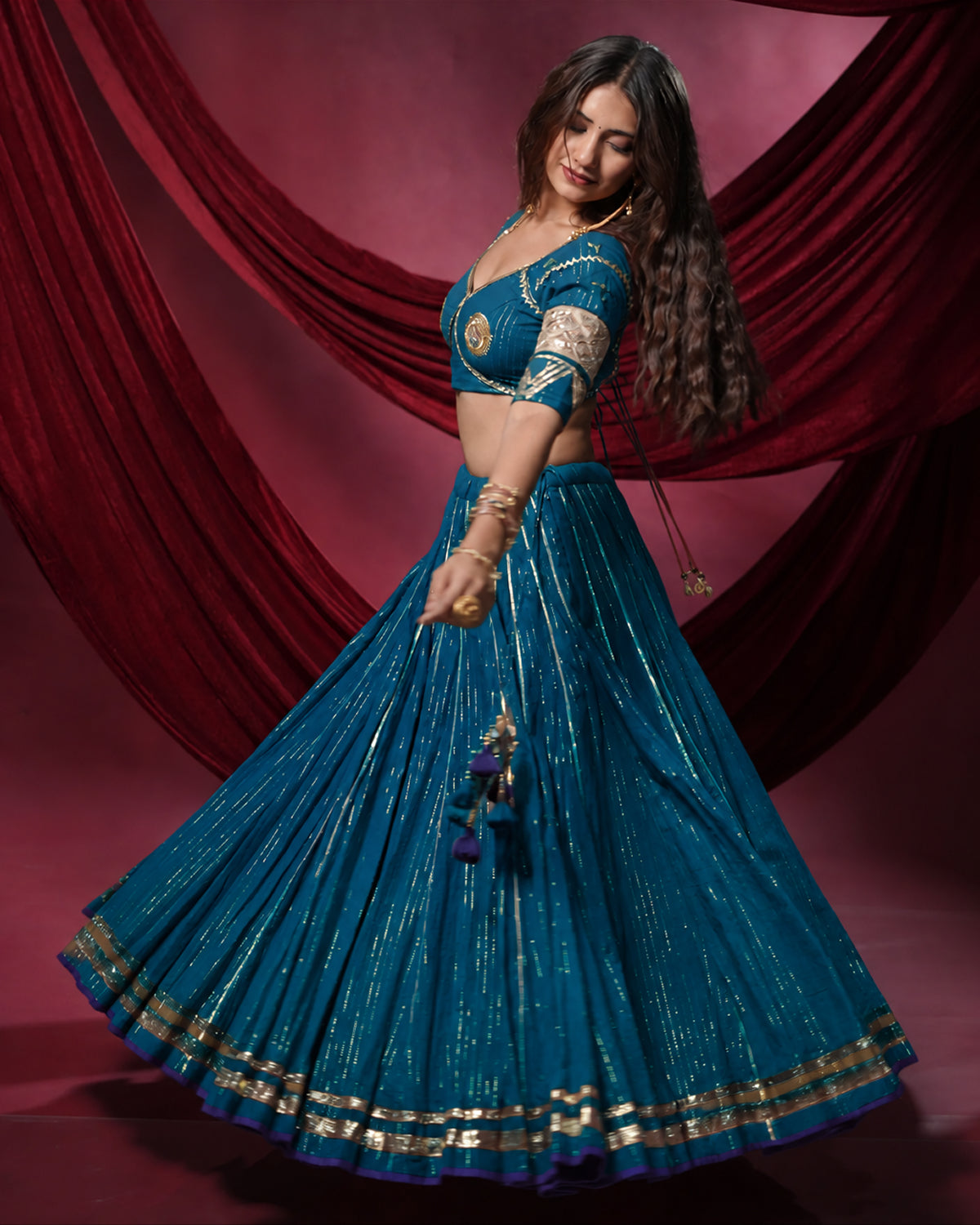 Noor Sky Blue Pure Cotton 15 Metre Flared Mirror Work Lehenga for Chaniya Choli