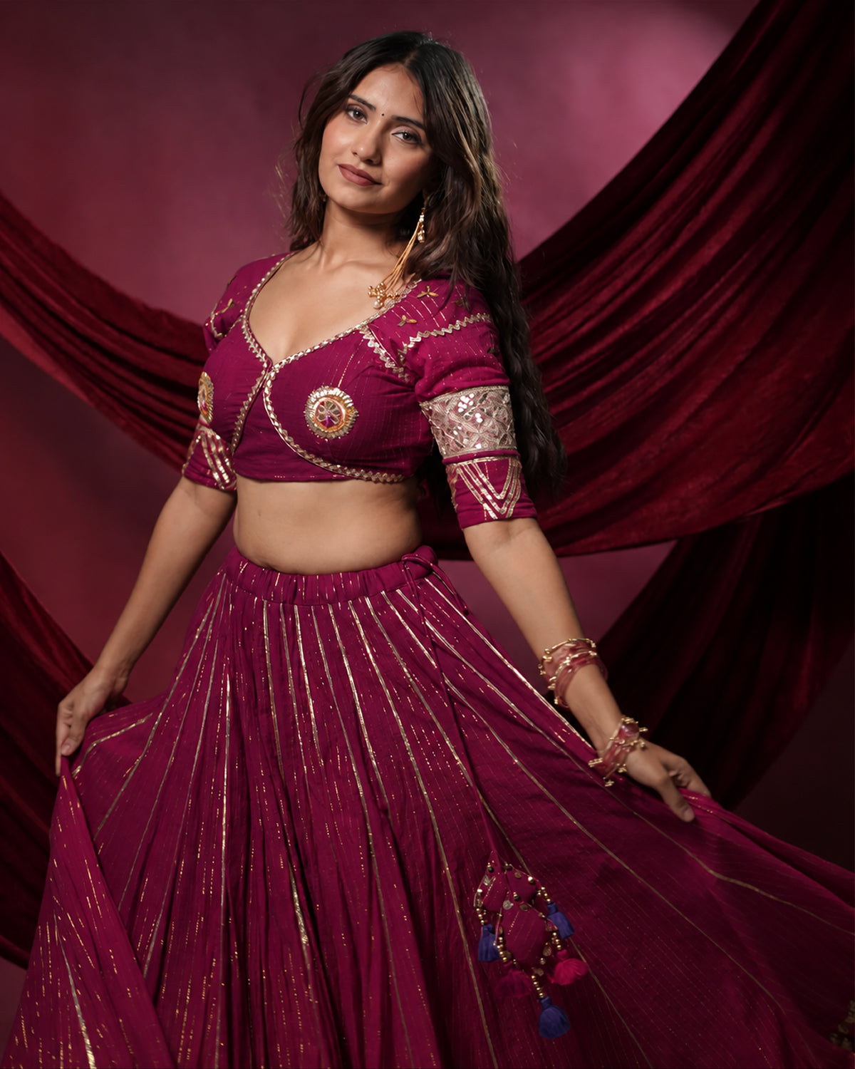 Noor Magenta Pure Cotton 15 Metre Flared Mirror Work Lehenga for Ghaghra Choli