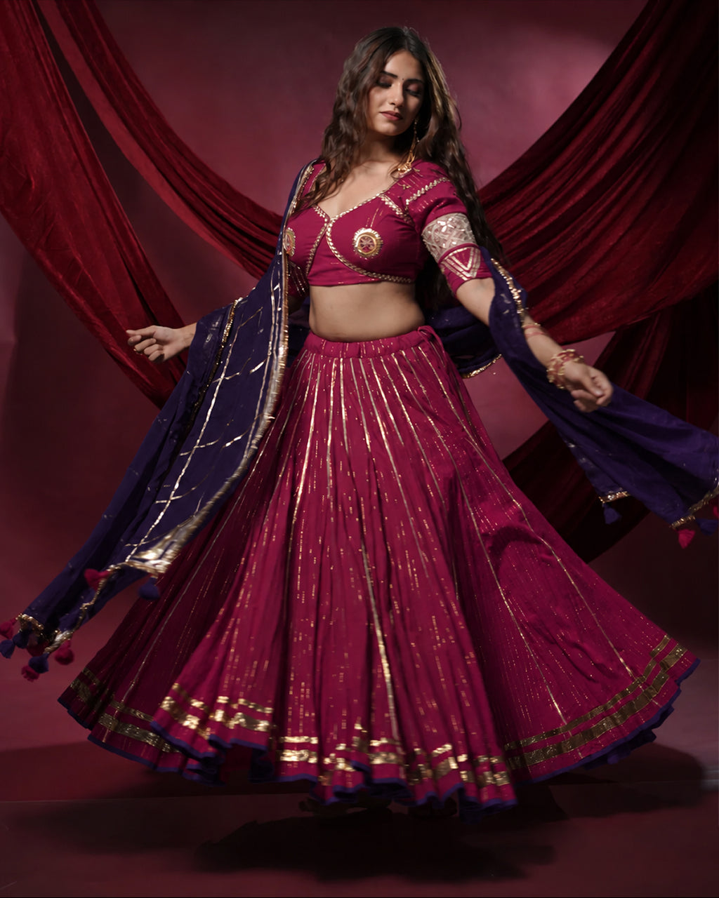 Noor Magenta Pure Cotton 15 Metre Flared Mirror Work Lehenga for Ghaghra Choli