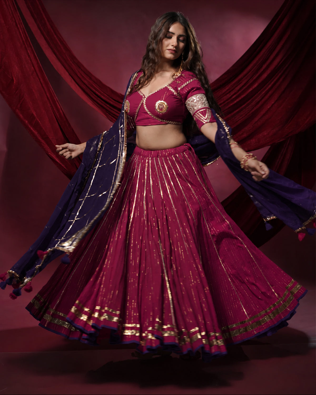 Noor Magenta Pure Cotton Lace & Handmade Tassel Dupatta for Chaniya Choli