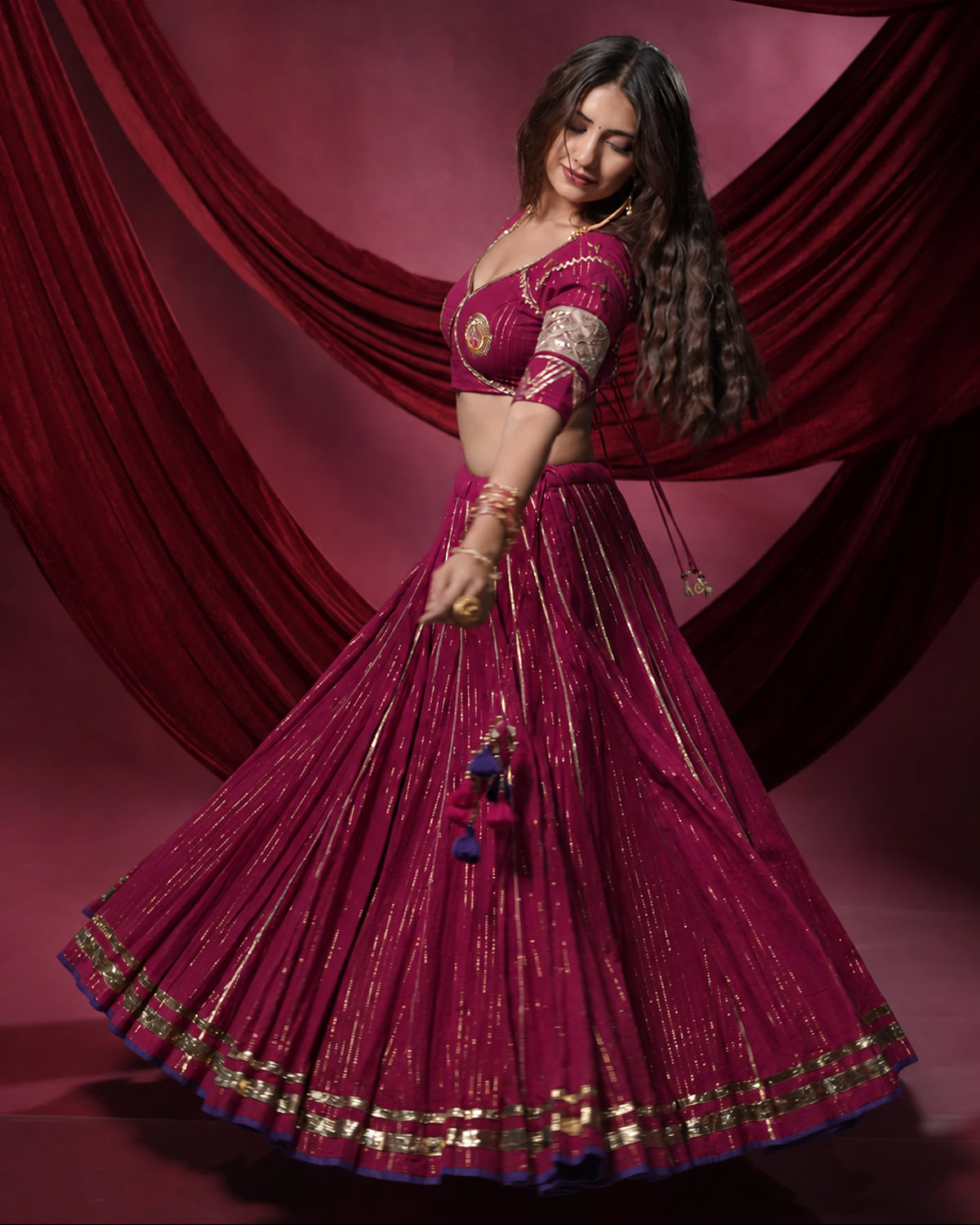 Noor Magenta Pure Cotton 15 Metre Flared Mirror Work Lehenga for Ghaghra Choli