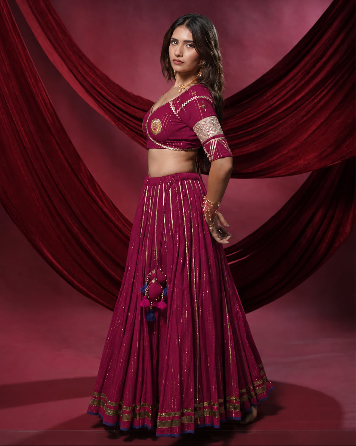 Noor Magenta Pure Cotton 15 Metre Flared Mirror Work Lehenga for Ghaghra Choli