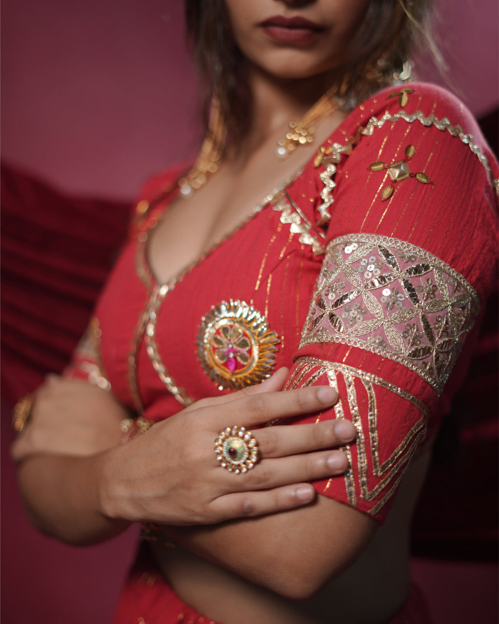 Noor Red Pure Cotton Real Mirror Work Angi Style Blouse for Chaniya Choli
