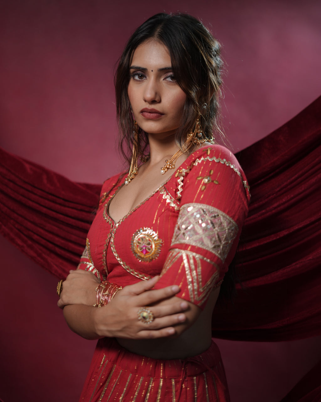 Noor Red Pure Cotton Real Mirror Work Angi Style Blouse for Chaniya Choli