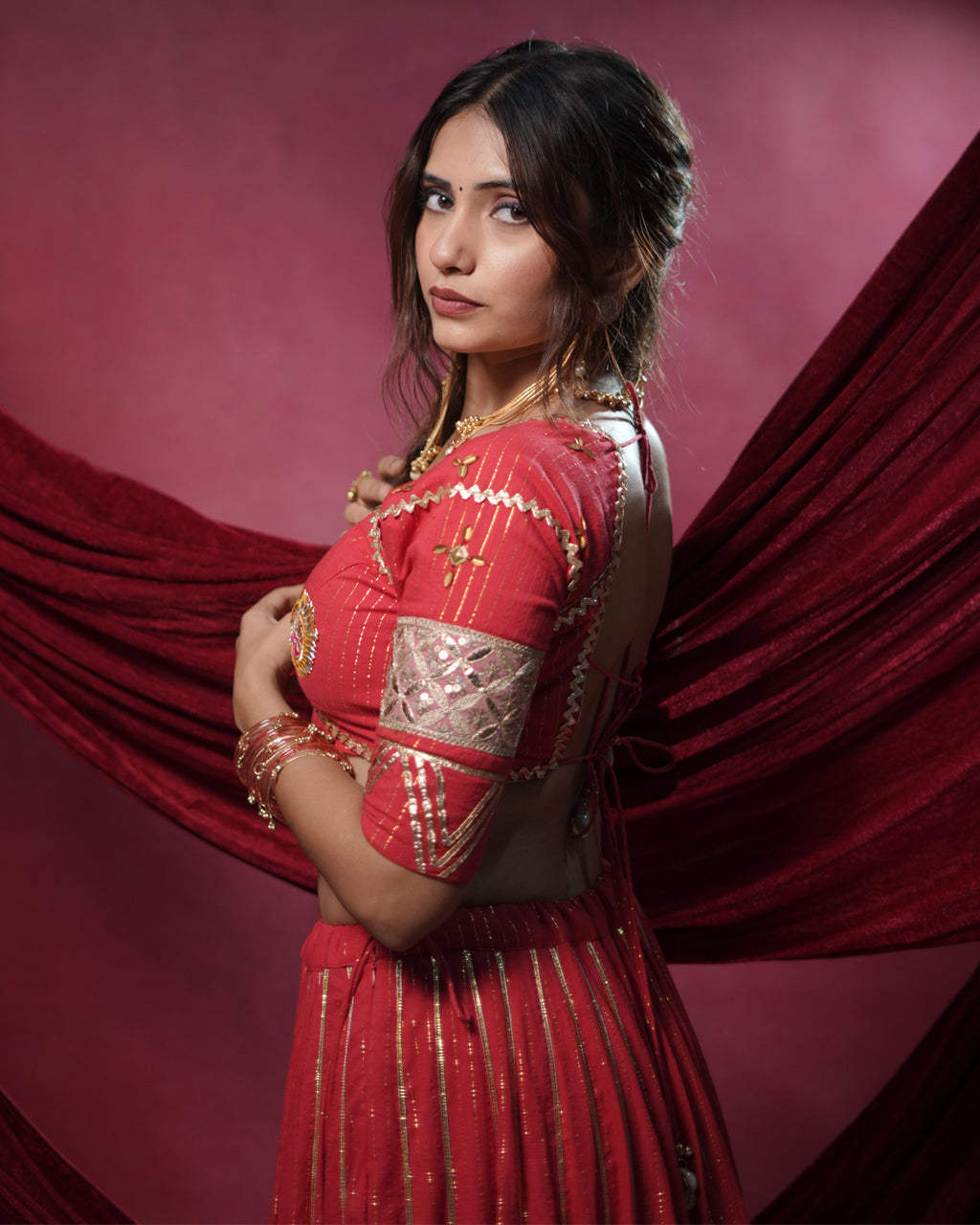 Noor Red Pure Cotton Real Mirror Work Angi Style Blouse for Chaniya Choli