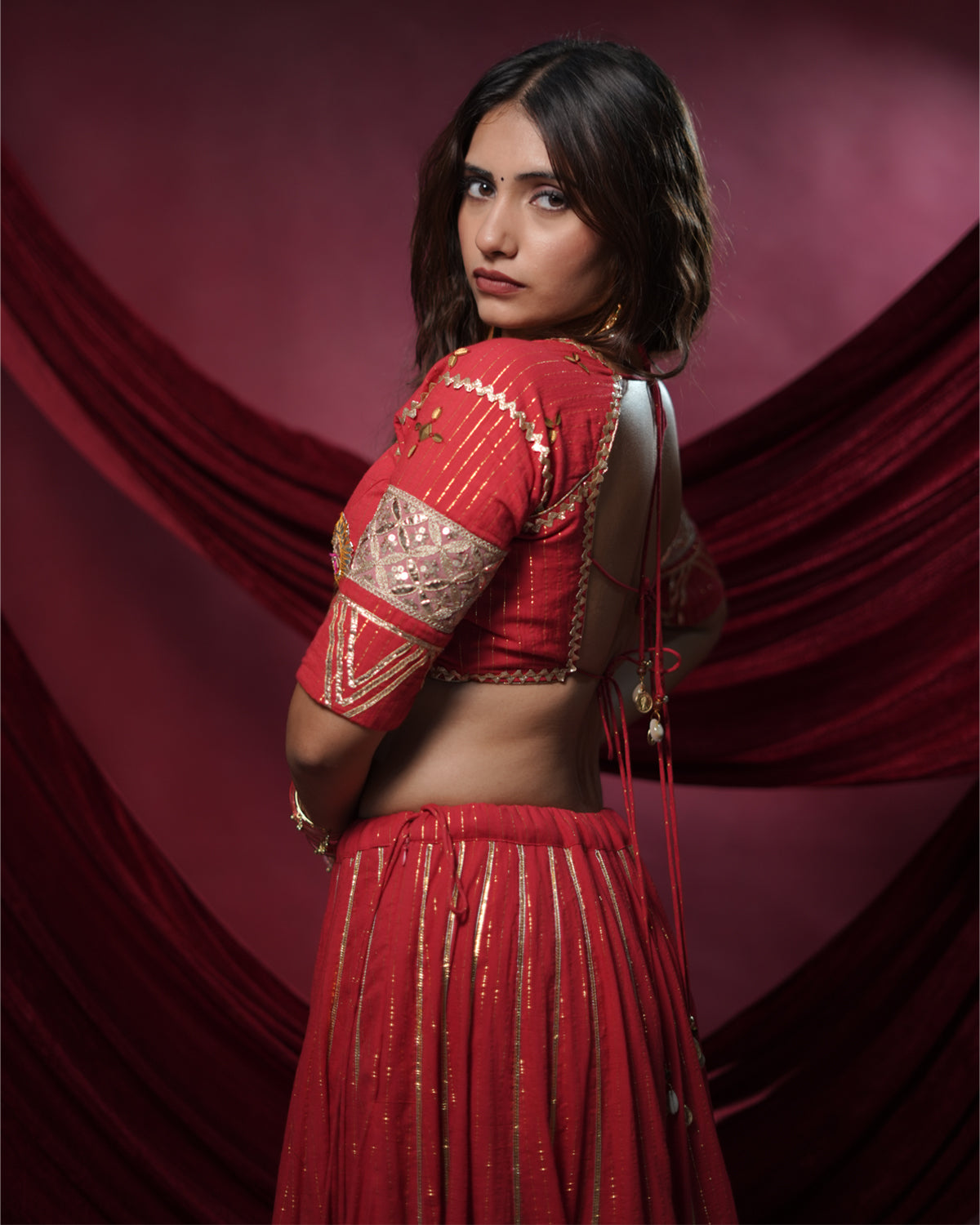 Noor Red Pure Cotton Real Mirror Work Angi Style Blouse for Chaniya Choli