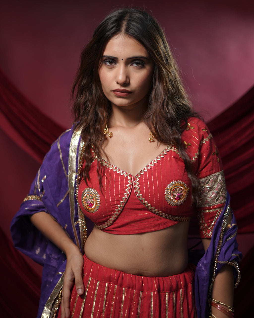 Noor Red Pure Cotton Real Mirror Work Angi Style Blouse for Chaniya Choli
