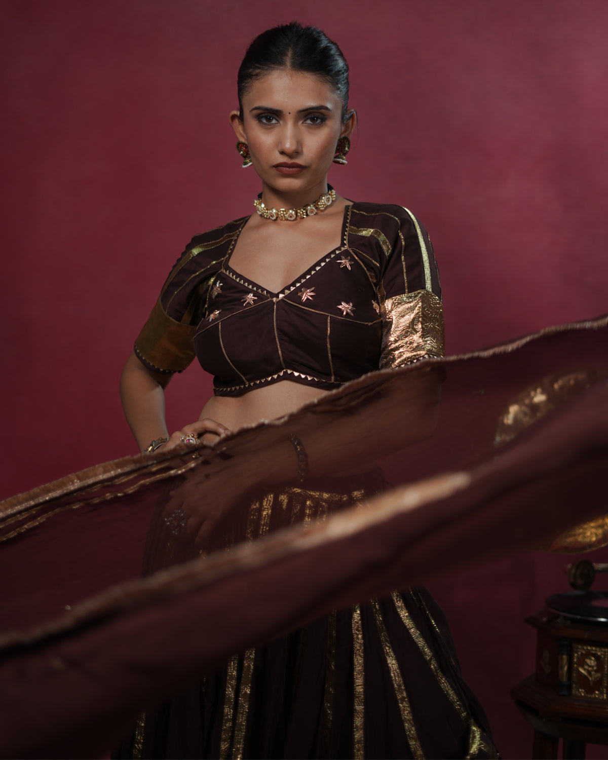 Ragini Brown Muslin Silk Floral & Coin-Hanging Angi Style Blouse for Chaniya Choli