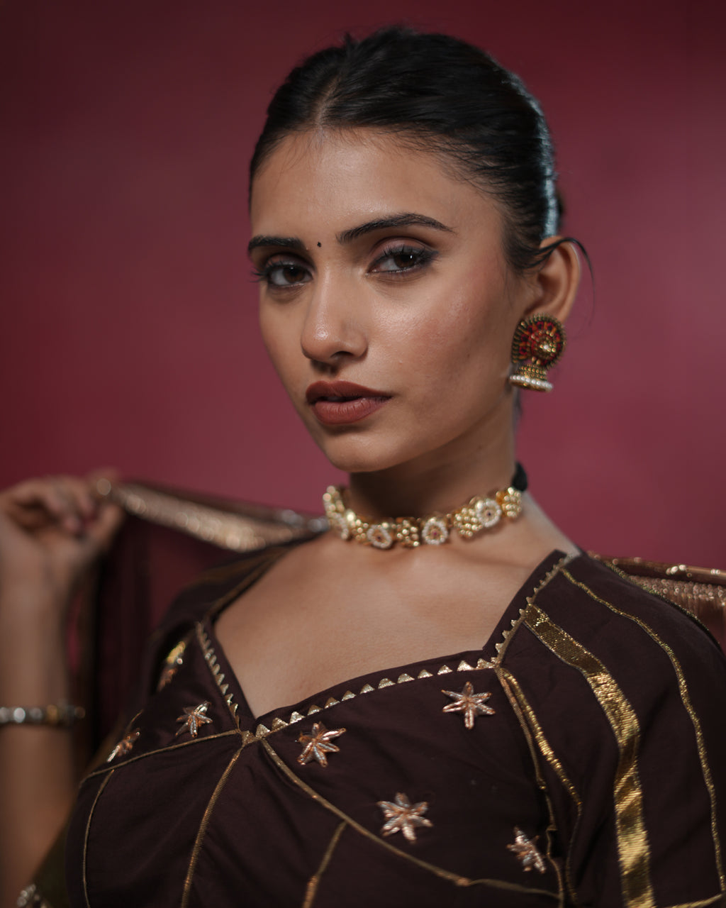 Ragini Brown Muslin Silk Floral & Coin-Hanging Angi Style Blouse for Chaniya Choli