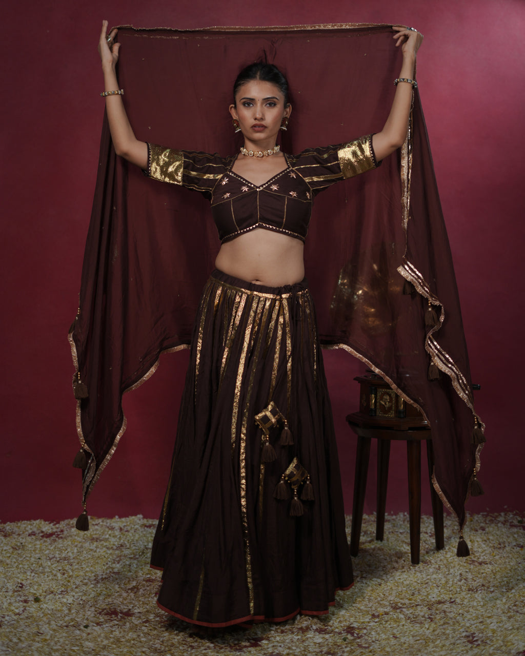 Ragini Brown Muslin Silk 15 Metre Flared Horizontal Detail Lehenga for Ghaghra Choli