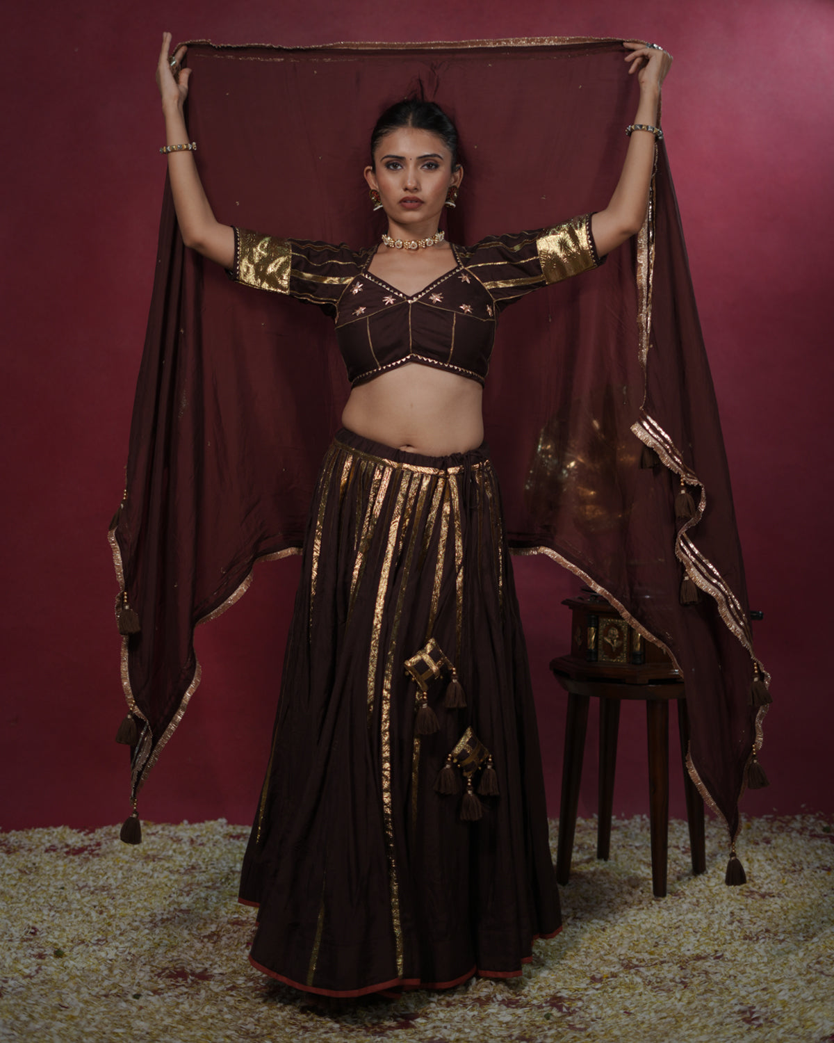 Ragini Brown Muslin Silk 15 Metre Flared Horizontal Detail Lehenga for Ghaghra Choli