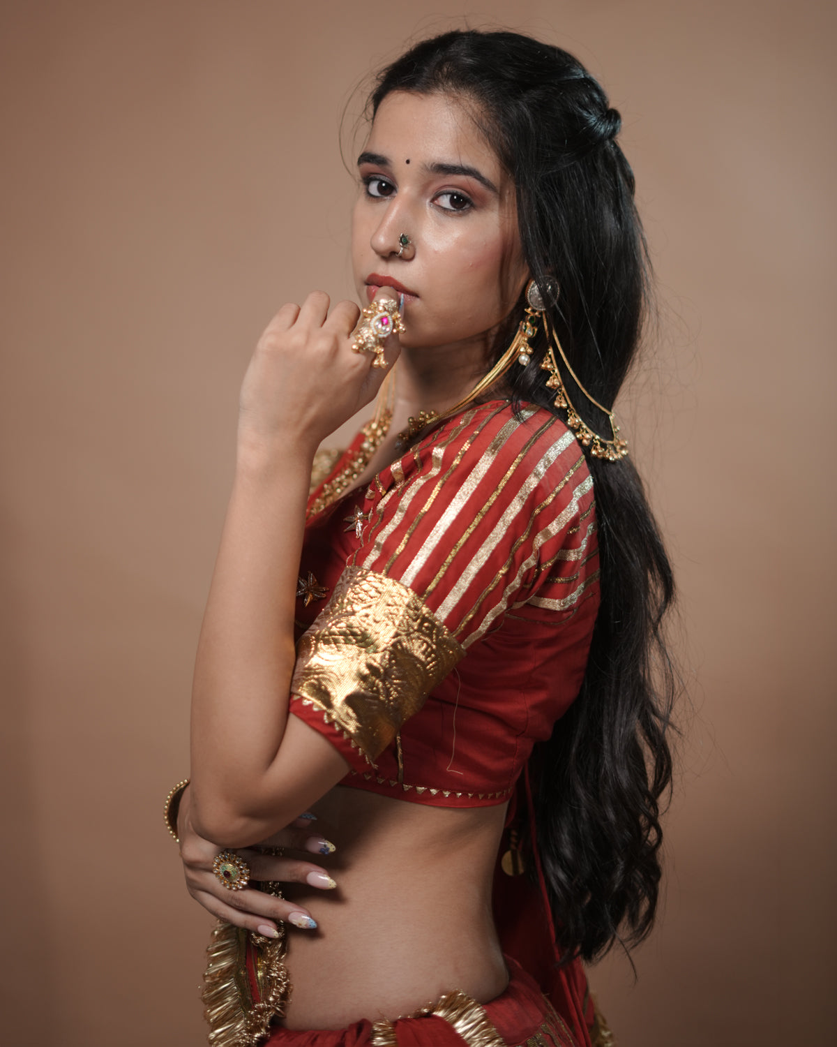 Ragini Rust Muslin Silk Floral & Coin-Hanging Angi Style Blouse for Choli