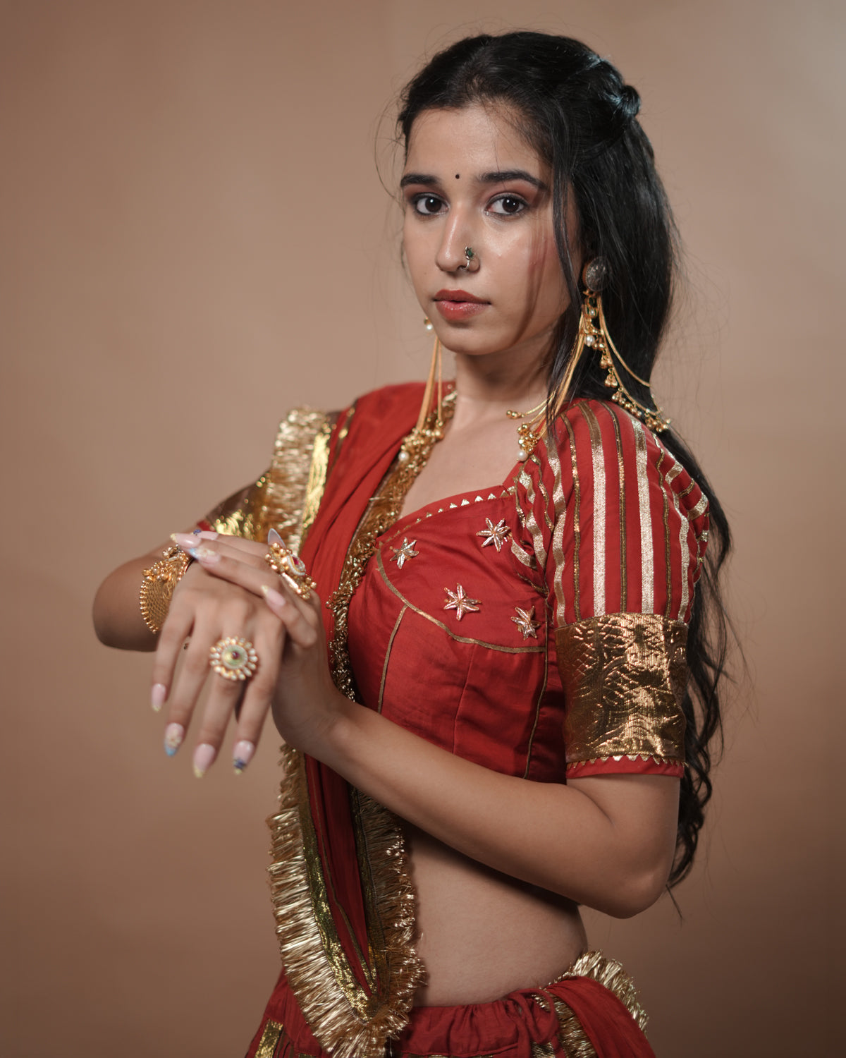 Ragini Rust Muslin Silk Floral & Coin-Hanging Angi Style Blouse for Choli