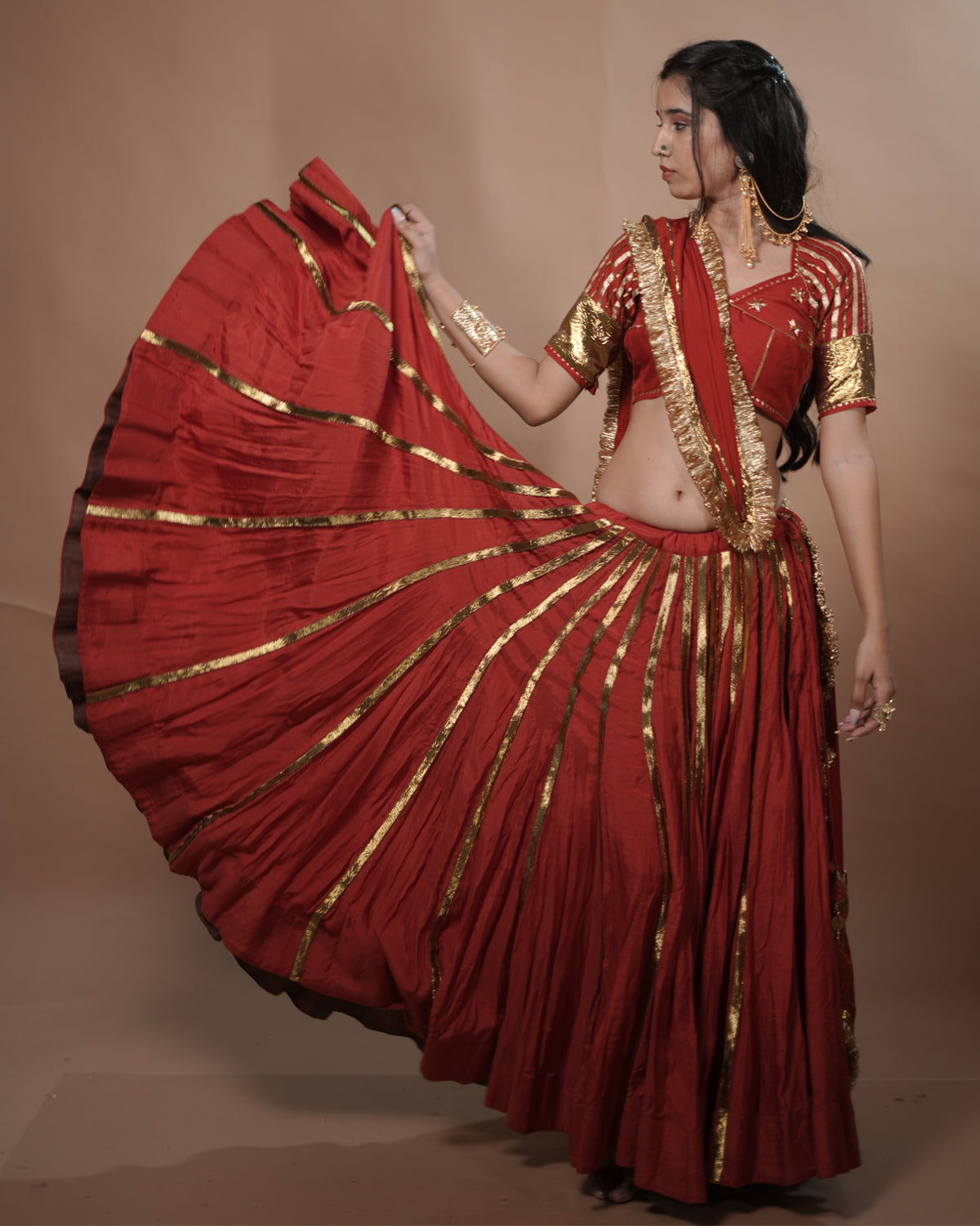 Ragini Rust Muslin Silk 15 Metre Flared Horizontal Detail Lehenga for Chaniya Choli