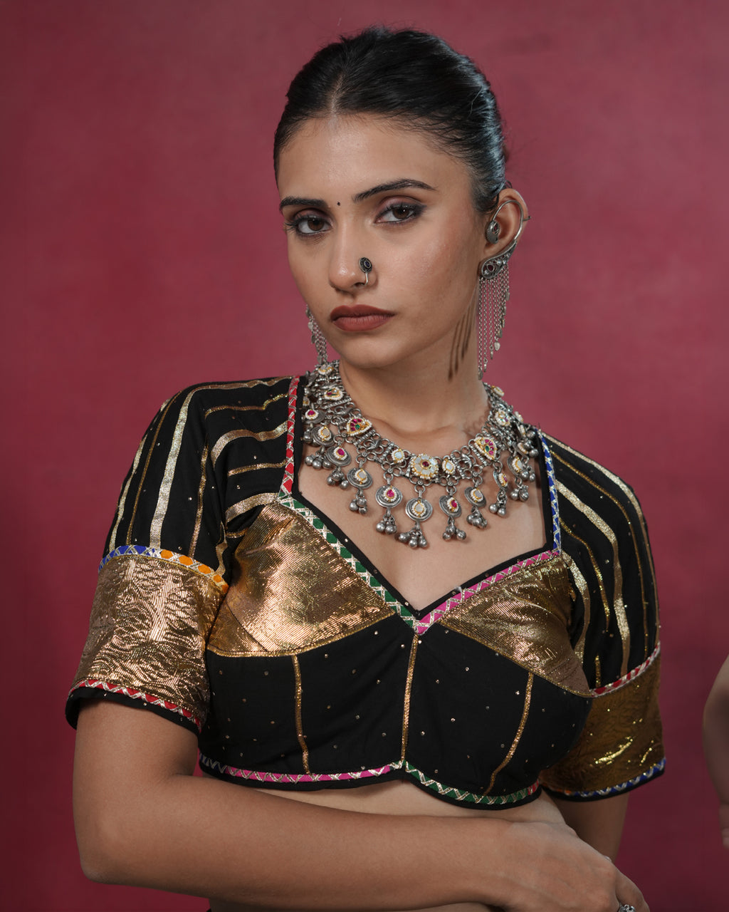 Tarani Black Mul-Cotton Lumpi & Lace Detail Angi Style Blouse for Chaniya Choli