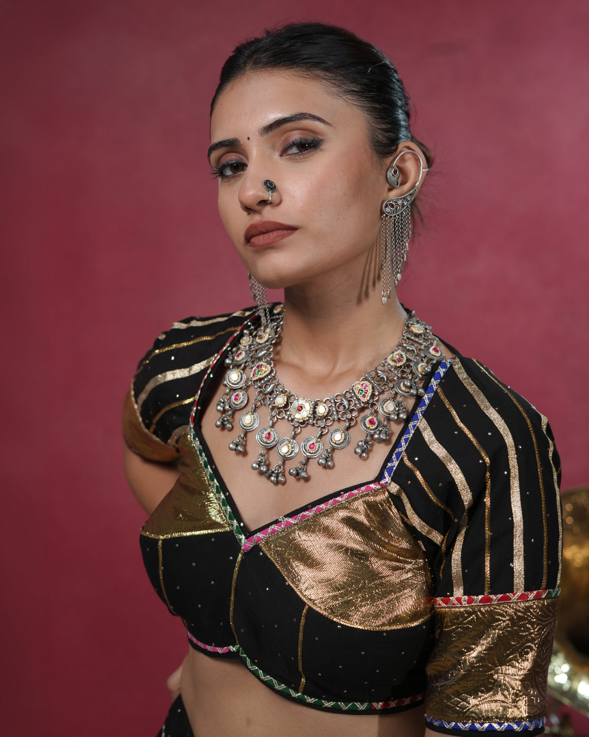 Tarani Black Mul-Cotton Lumpi & Lace Detail Angi Style Blouse for Chaniya Choli