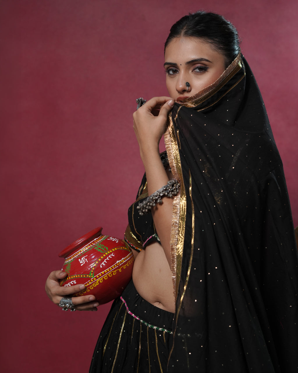 Tarani Black Mul-Cotton Badla Work Lace & Tassel Dupatta for Choli