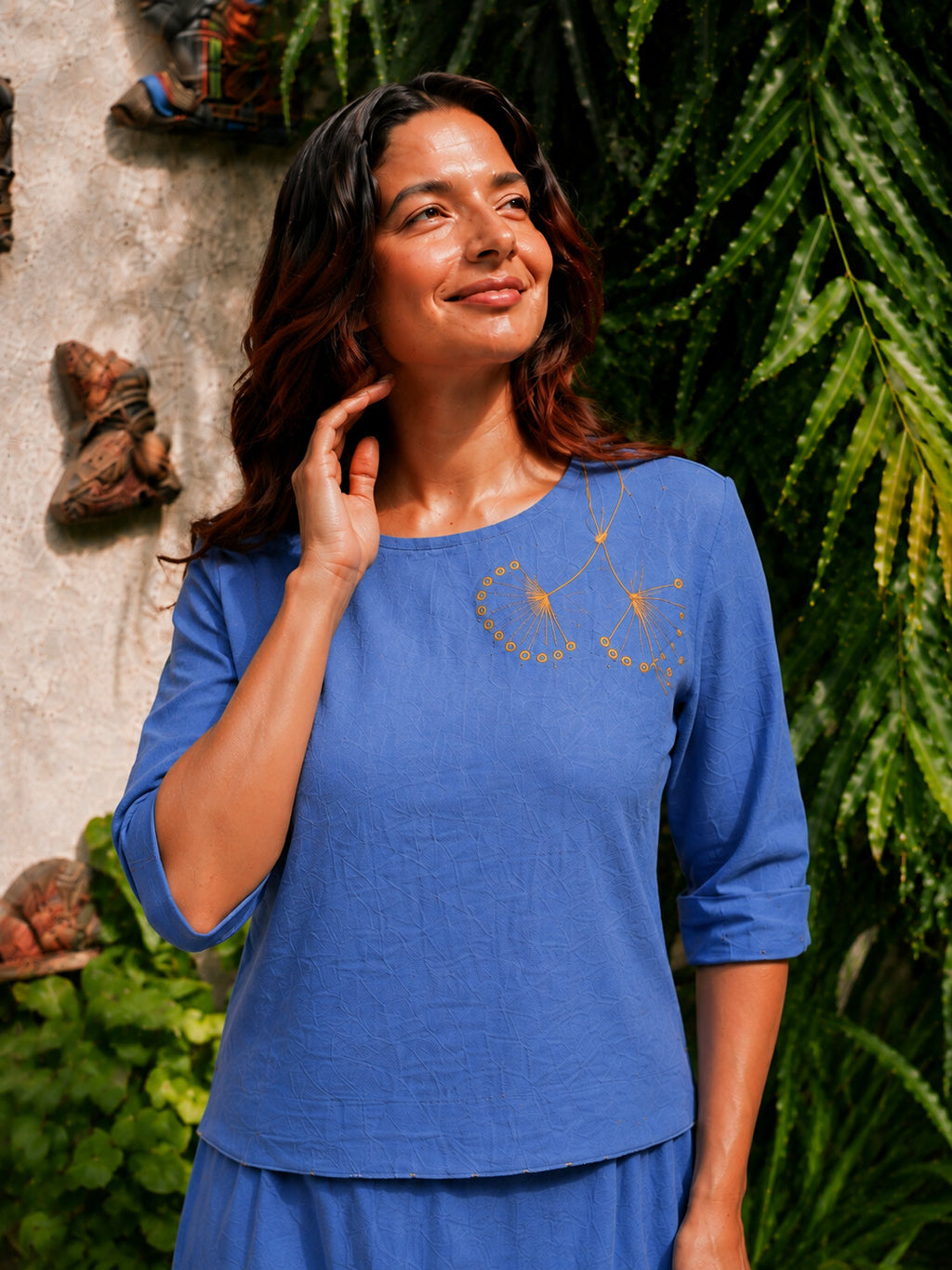 Linen khat work Denim Blue top & skirt
