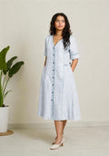 Linen Thread Sky Blue V-neck button down dress