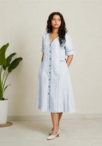 Linen Thread Sky Blue V-neck button down dress