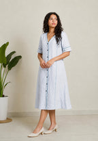 Linen Thread Sky Blue V-neck button down dress