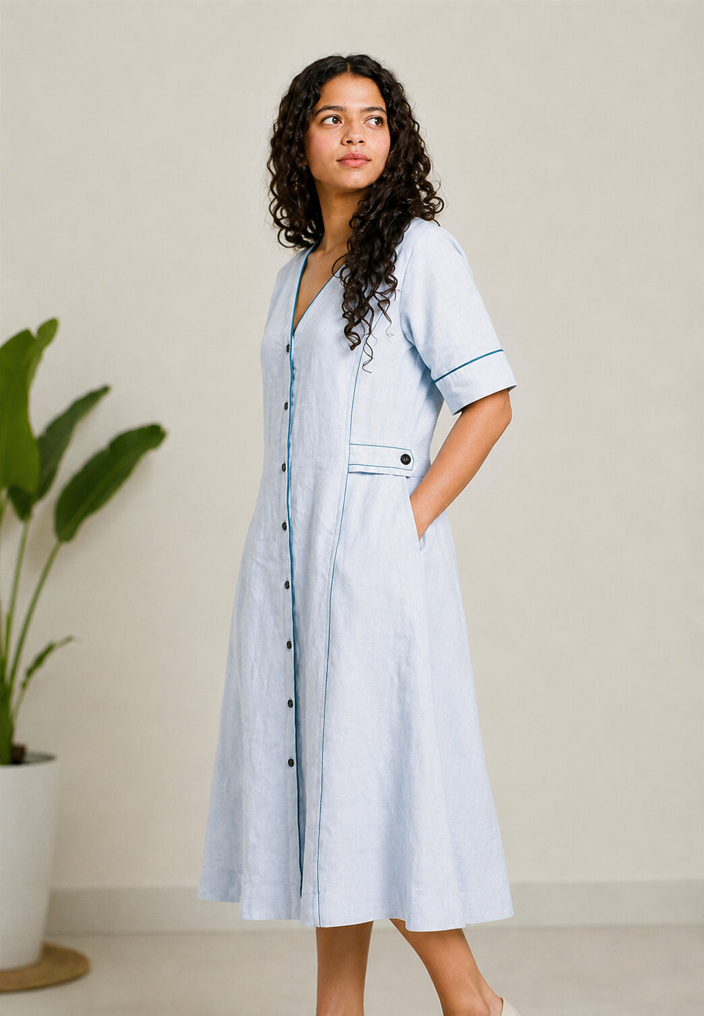 Linen Thread Sky Blue V-neck button down dress
