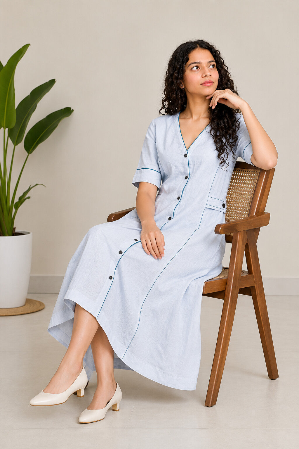 Linen Thread Sky Blue V-neck button down dress