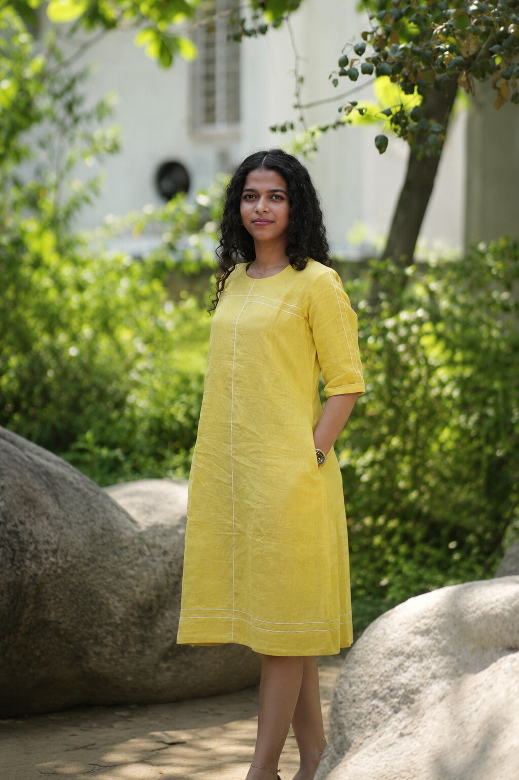 Linen Thread Butter Yellow Round neck shift dress