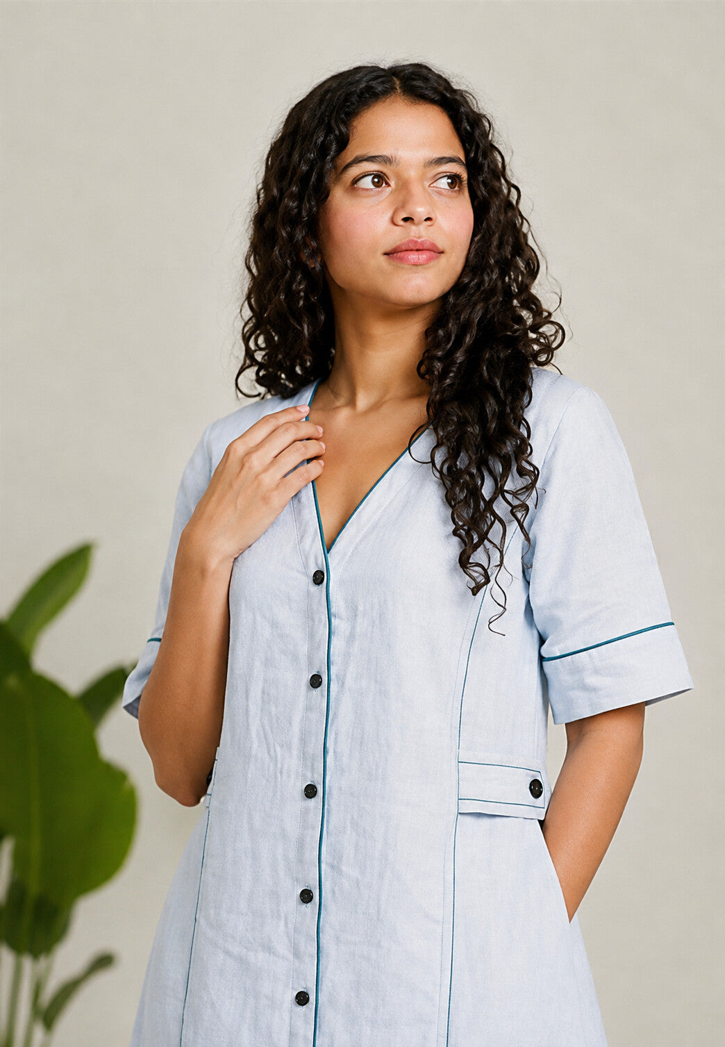 Linen Thread Sky Blue V-neck button down dress